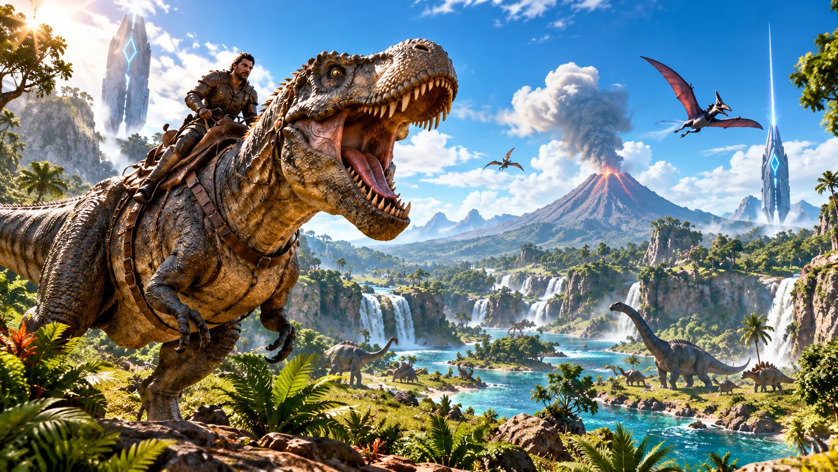 Realistisch gestalteter T-Rex mit Reiter vor einer sonnigen Dinosaurierlandschaft